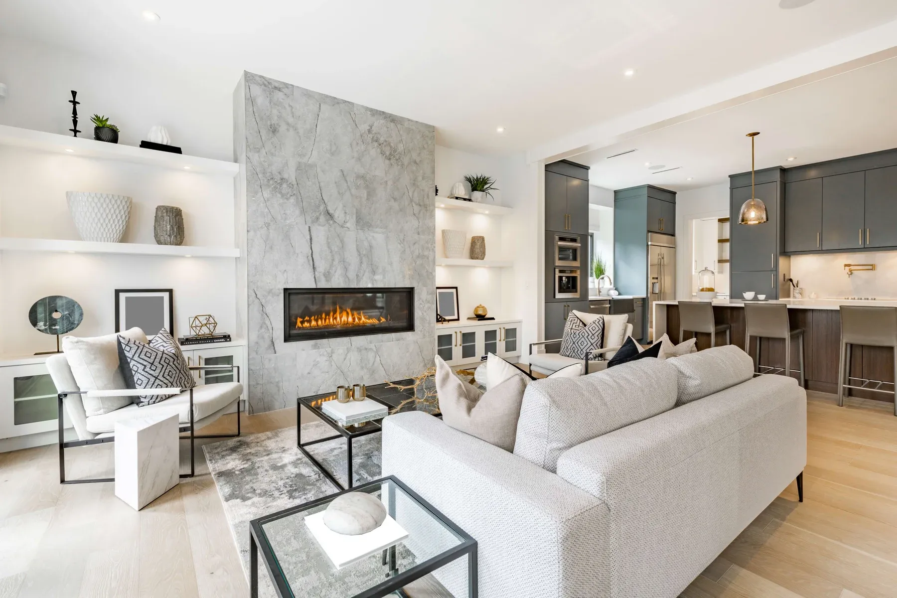 Bright living room with a modern fireplace