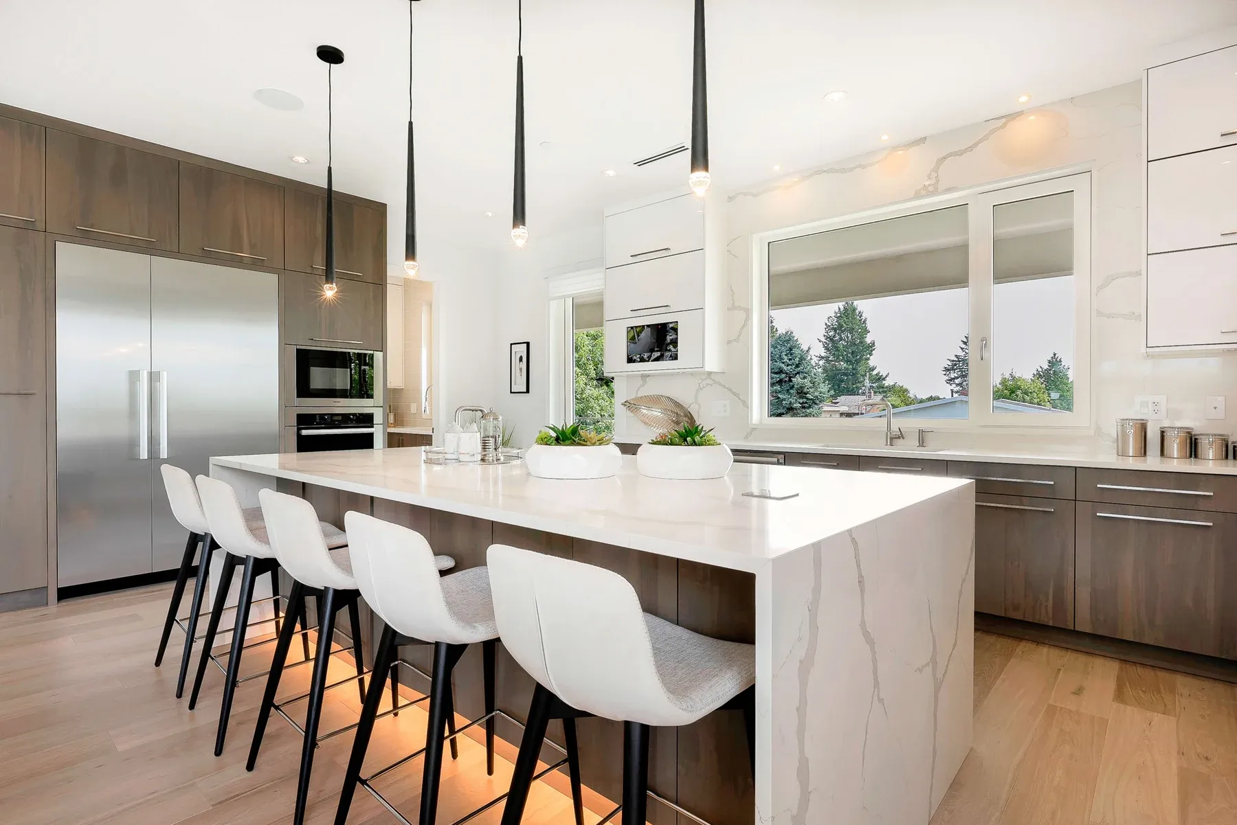 Modern kitchen with a waterfall island